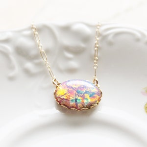 Vintage Glass Opal Necklace,Gold Filled OR Sterling Silver,Elegant,Vintage Fire Opal,Harlequin Pink Opal,Birthstone Necklace,Opal Jewelry image 3