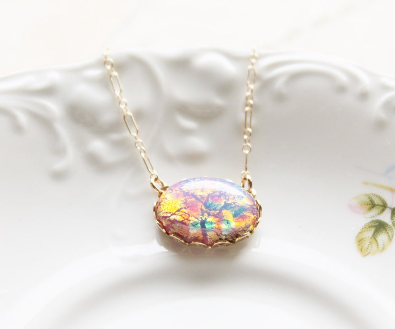 Vintage Glass Opal Necklace,Gold Filled OR Sterling Silver,Elegant,Vintage Fire Opal,Harlequin Pink Opal,Birthstone Necklace,Opal Jewelry image 3