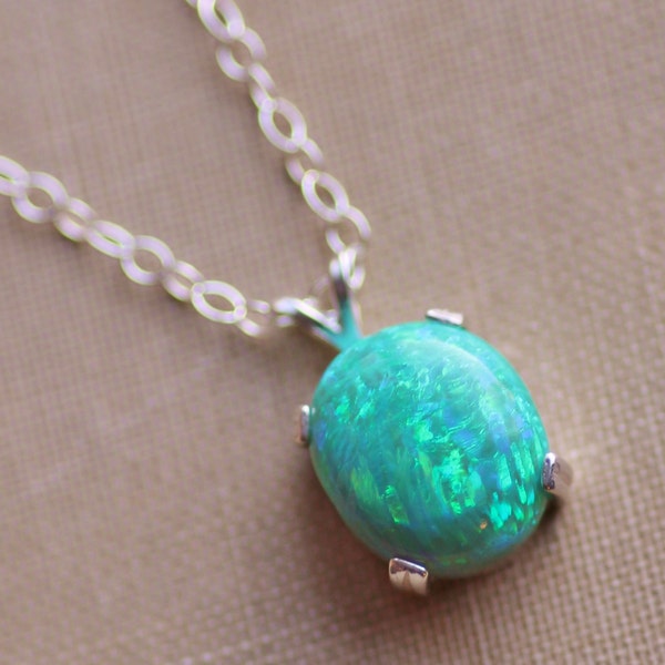 LAST ONE,RARE Green Opal Necklace,Lab Created Opal Gemstone,Jade Green,Aqua,Sterling Silver Opal Necklace,Gift For Her,October Birthstone