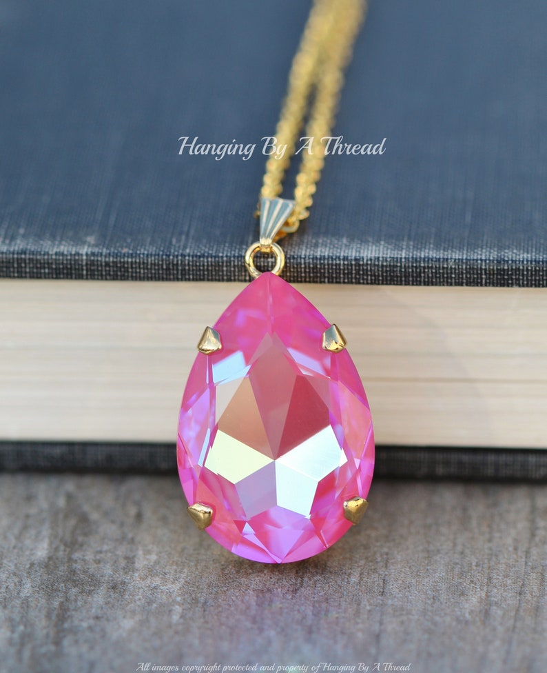 NEW COLOR Lotus Pink Large Pear Pendant,Swarovski Crystal Rhinestone Necklace,Long Layering Layer Necklace,Bright Pink,Gold,Gift,Statement image 1