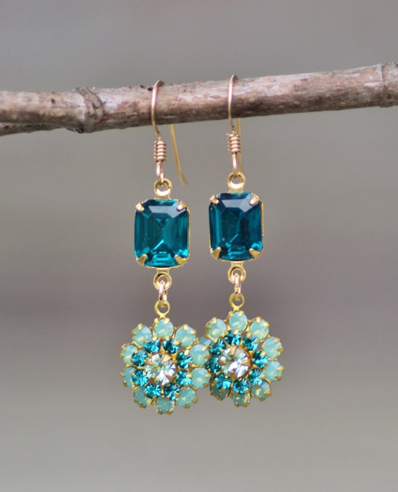 LIMITED Swarovski Pacific Opal Teal Flower Earrings crystal Rhinestone Drop Earring embellished Floral Drop Dangle mint Blue Green gold Etsy
