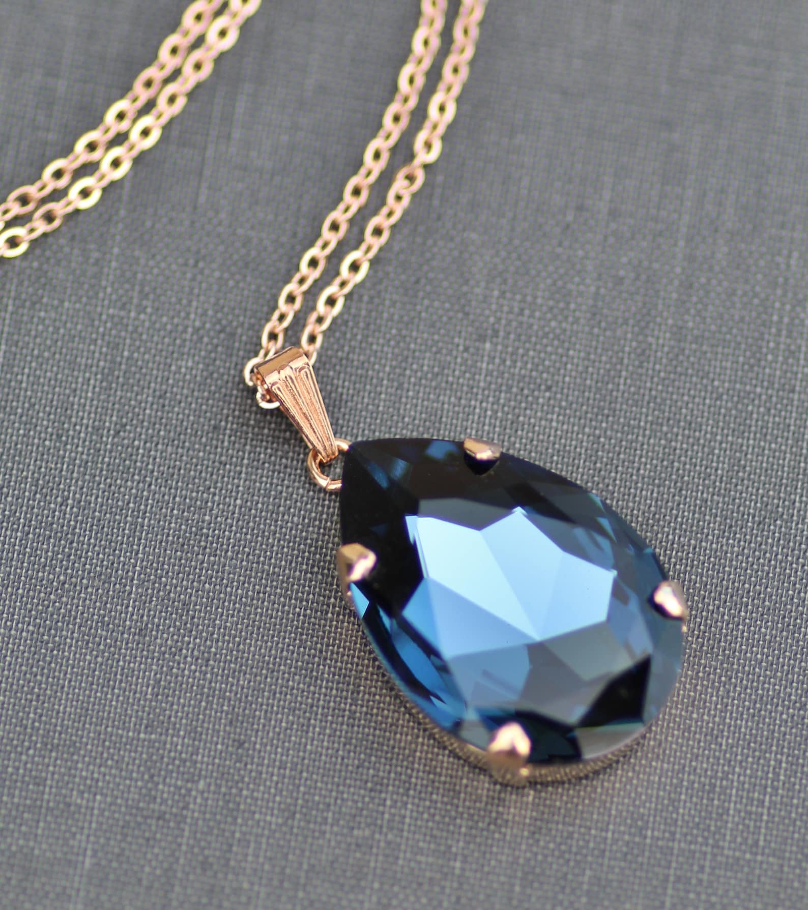 Large Sapphire Navy Blue Rhinestone Pendant Necklace,rose Gold Large ...