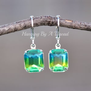 LIMITED STOCK Vintage Blue Green Givre Crystal Earrings,Teal Aqua Blue,Peridot Lime Green,Two Tone Crystal Earrings,Lever Back,Choose Metal