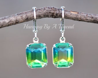 LIMITED STOCK Vintage Blue Green Givre Crystal Earrings,Teal Aqua Blue,Peridot Lime Green,Two Tone Crystal Earrings,Lever Back,Choose Metal