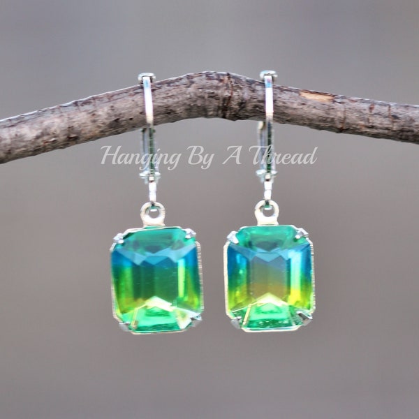 LIMITED STOCK Vintage Blue Green Givre Crystal Earrings,Teal Aqua Blue,Peridot Lime Green,Two Tone Crystal Earrings,Lever Back,Choose Metal