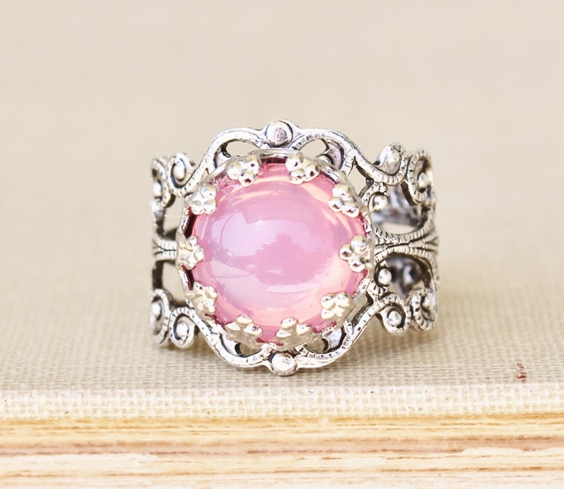 Vintage Pink Opal Ring,Pink Glass Opal,Adjustable Silver Filigree Ring,Antique,Victorian,Shabby Chic,Opal Jewelry,Birthstone,Keepsake image 2