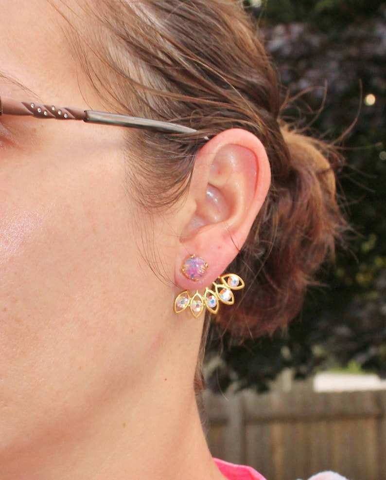 GORGEOUS Vintage Pink Fire Opal Earring Jacket,Pink Rainbow Opal /& Crystal AB Rhinestone Earring,Stud Post,Ear Jacket,Harelquin Opal,Unique