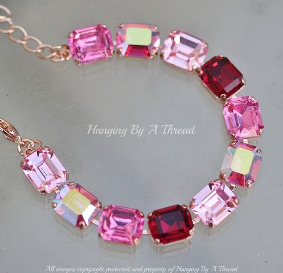 VERY LIMITED Rose Pink Crystal Octagon Tennis Bracelet,Emerald Cut Rectangle,Rose Pink,Bright Pink,Rose Gold Bracelet,Layering,Unique