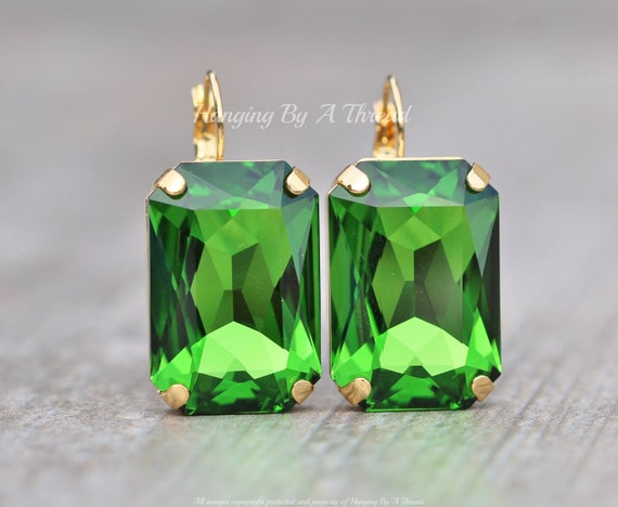 LARGE Fern Green Octagon Swarovski Rhinestone Earrings fern Light