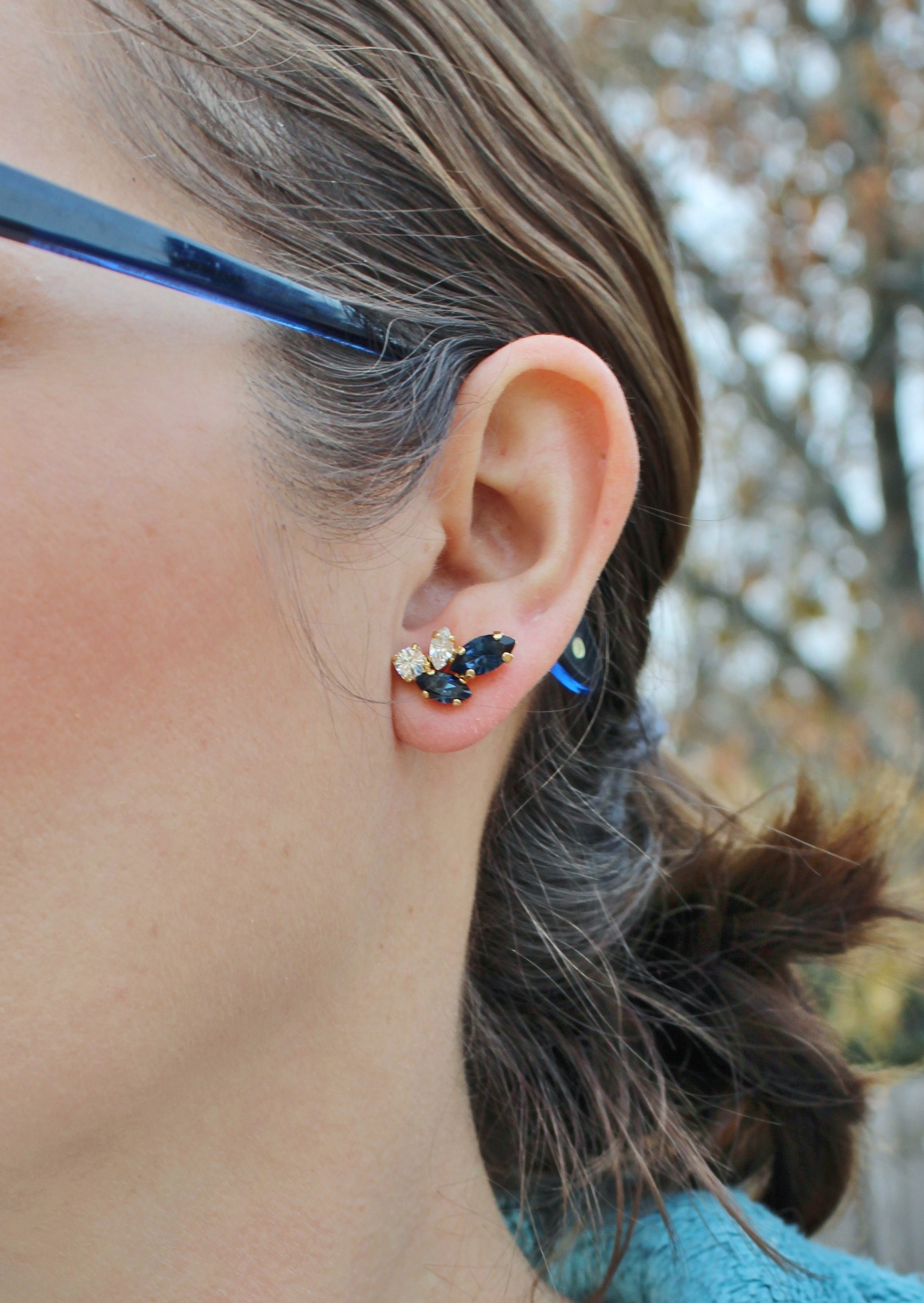 ★MIDNIGHT MOMENT.★ square one touch earring navy Sun & Moon Diamond Stud Earrings | Mociun