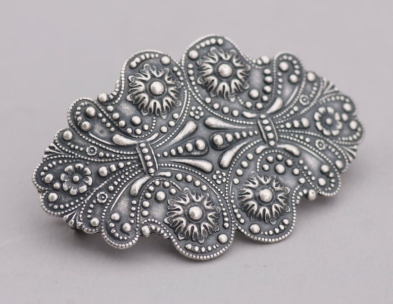 Art Nouveau Victorian Large Silver Hair Barrette,Antique Silver Large Floral Filigree Barrette,Silver Hair Clip,French Barrette,Silver Ox image 2
