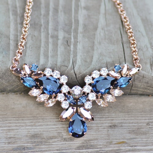 LAST 1! Montana Navy shops Blue ROSE GoLD Crystal Statement Necklace,Multi Stone Pendant,Layering,Swarovski Rhinestone,Cluster,Bridal,Wedding,Navy