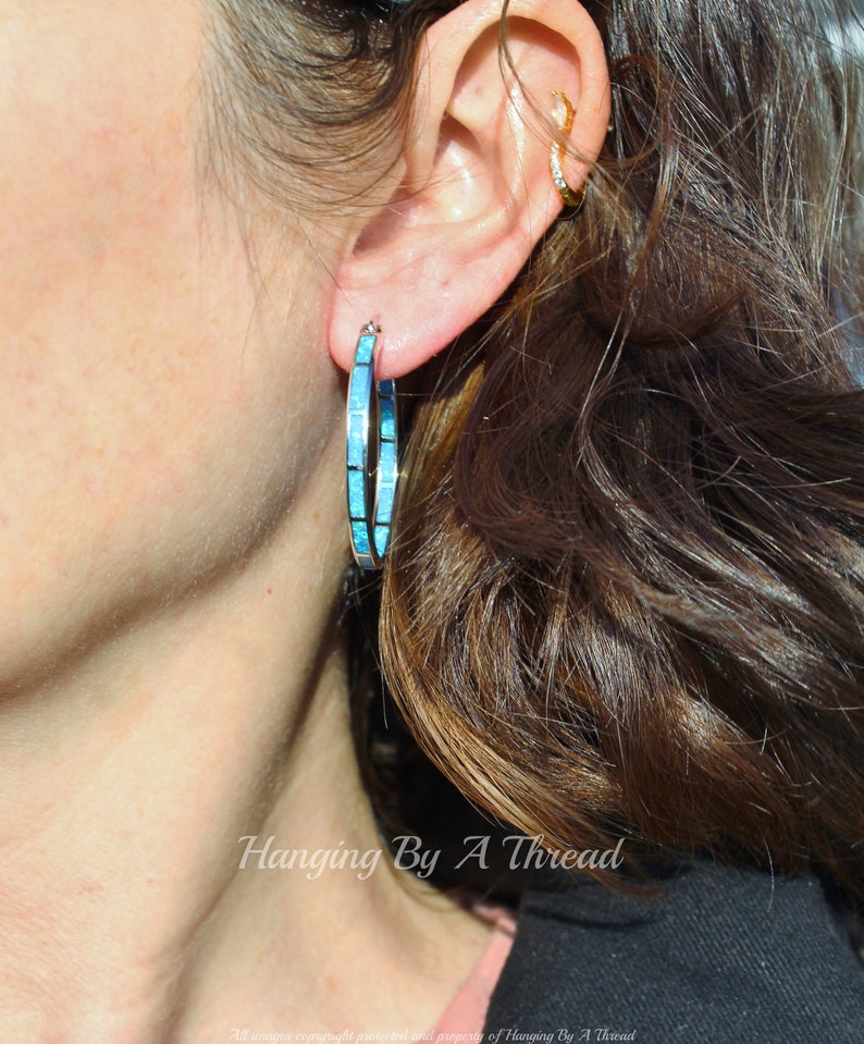LARGE Blue Opal Silver Hoop Earrings,Lab Created Opal Endless Hoop,Silver Big Hoop Earrings,Lab Created Opal,Blue Rainbow,Silver Hoop,Gift image 10