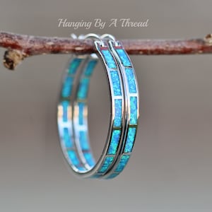 LARGE Blue Opal Silver Hoop Earrings,Lab Created Opal Endless Hoop,Silver Big Hoop Earrings,Lab Created Opal,Blue Rainbow,Silver Hoop,Gift image 1