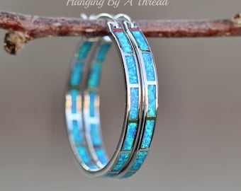 LARGE Blue Opal Silver Hoop Earrings,Lab Created Opal Endless Hoop,Silver Big Hoop Earrings,Lab Created Opal,Blue Rainbow,Silver Hoop,Gift