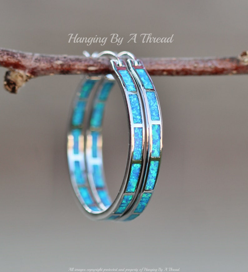 LARGE Blue Opal Silver Hoop Earrings,Lab Created Opal Endless Hoop,Silver Big Hoop Earrings,Lab Created Opal,Blue Rainbow,Silver Hoop,Gift image 1