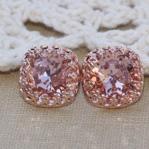 Swarovski Blush Pink Rose Gold Crown Studs,Rose Gold Crown Bezel Setting,Blush Peach Dusky Rose Cushion Stud,Swarovski Stud,Gift For Her