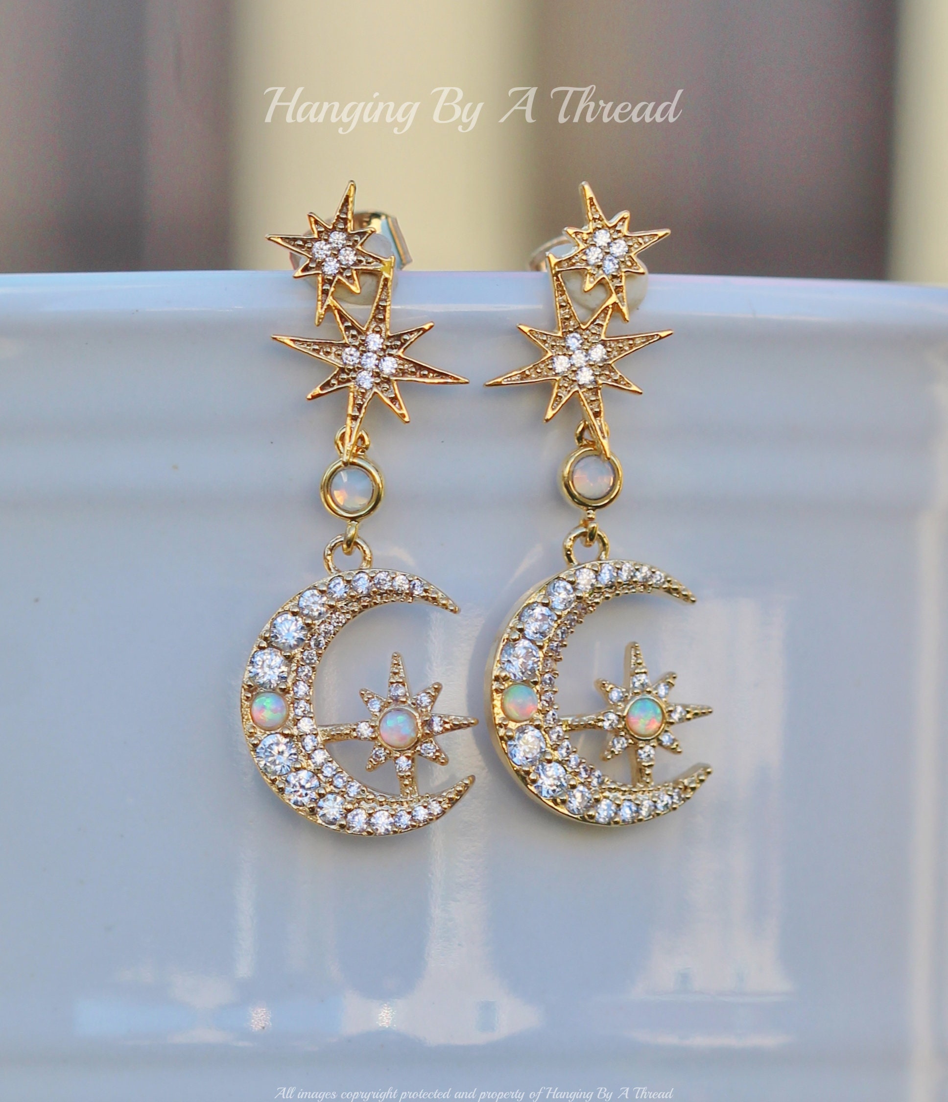 GORGEOUS Celestial Opal Moon Earrings,Gold Paved Pave Moon & Star Earrings,Stud Post,Gift For Her,White Lab Crreated Opal Gemstone,Dangle