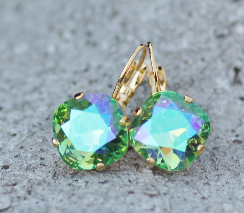 LIMITED Peridot Glacier Blue Cushion Earring,Swarovski Crystal Rhinestone Earring,Rounded Square,Gold Drop Earring,Bridal Bride,Gift image 3