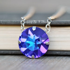 LIMITED heltiotroop blauw paarse grote kristallen ketting, stapelen gelaagdheid Swarovski-kristallen hanger, zilver, 27 mm statement kristal, cadeau, stapel