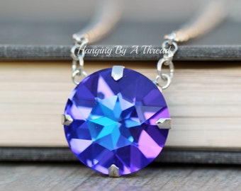 LIMITED Heltiotrope Blue Purple Large Crystal Necklace,Stacking Layering Swarovski Crystal Pendant,Silver,27mm Statement Crystal,Gift,Stack