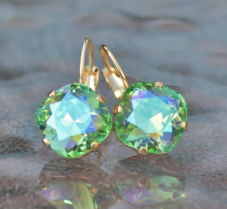 LIMITED Peridot Glacier Blue Cushion Earring,Swarovski Crystal Rhinestone Earring,Rounded Square,Gold Drop Earring,Bridal Bride,Gift image 2