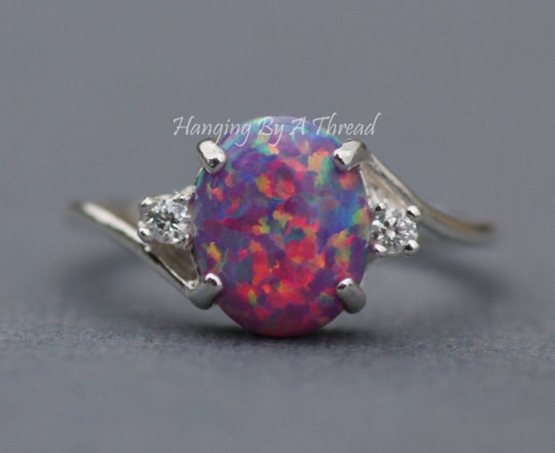 Rare Purple Fire Opal CZ Gemstone Ring,Lab Created Purple Opal Ring,Sterling Silver Womens Opal Ring,October Birthstone,Rainbow image 1