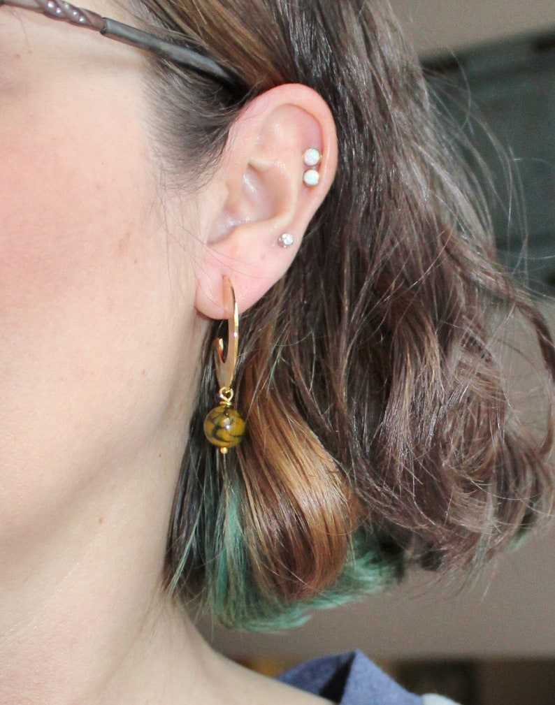 NEW Large Gold Hoop Gemstone Earrings,Flat Large Boho Tribal Hoop Earrings,Olive Green Crackle Agate,Dangle Drop Earring,Flat Circle Hoop