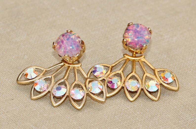 GORGEOUS Vintage Pink Fire Opal Earring Jacket,Pink Rainbow Opal /& Crystal AB Rhinestone Earring,Stud Post,Ear Jacket,Harelquin Opal,Unique