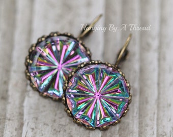 ALMOST GONE Vintage Czech Cabochon Earrings,Vitrail Medium Starburst,Crown Set Antique Brass Lever Back,Gift For Her,Unique,Button Dangle