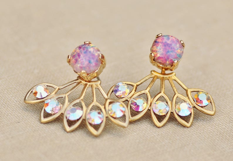 GORGEOUS Vintage Pink Fire Opal Earring Jacket,Pink Rainbow Opal /& Crystal AB Rhinestone Earring,Stud Post,Ear Jacket,Harelquin Opal,Unique