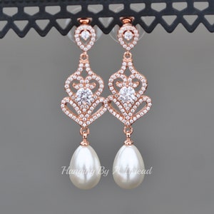 NEW Rose Gold CZ & Pearl Drop Earrings,Long Rose Gold Filigree Earring,Stud Post,Bridal Wedding Jewelry,Clear Crystal Cubic Zirconia,Pearl