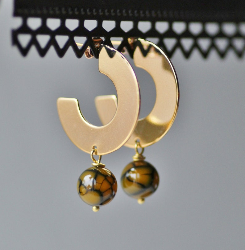 NEW Large Gold Hoop Gemstone Earrings,Flat Large Boho Tribal Hoop Earrings,Olive Green Crackle Agate,Dangle Drop Earring,Flat Circle Hoop