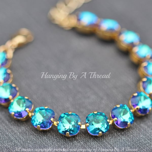 NEW Sphinx Blue Green 8mm Cushion Bracelet,Rainbow Ombre Crystal Rounded Square,4470 Bracelet,Gold,Layering,Stacking,Jewel Toned,Gift