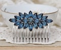 1920s Art Deco Navy Sapphire Blue Rhinestone Hair Comb,Marquise Navette,Silver Large Brooch Hair Comb,Crystal Pave Bridal Comb,Headpiece