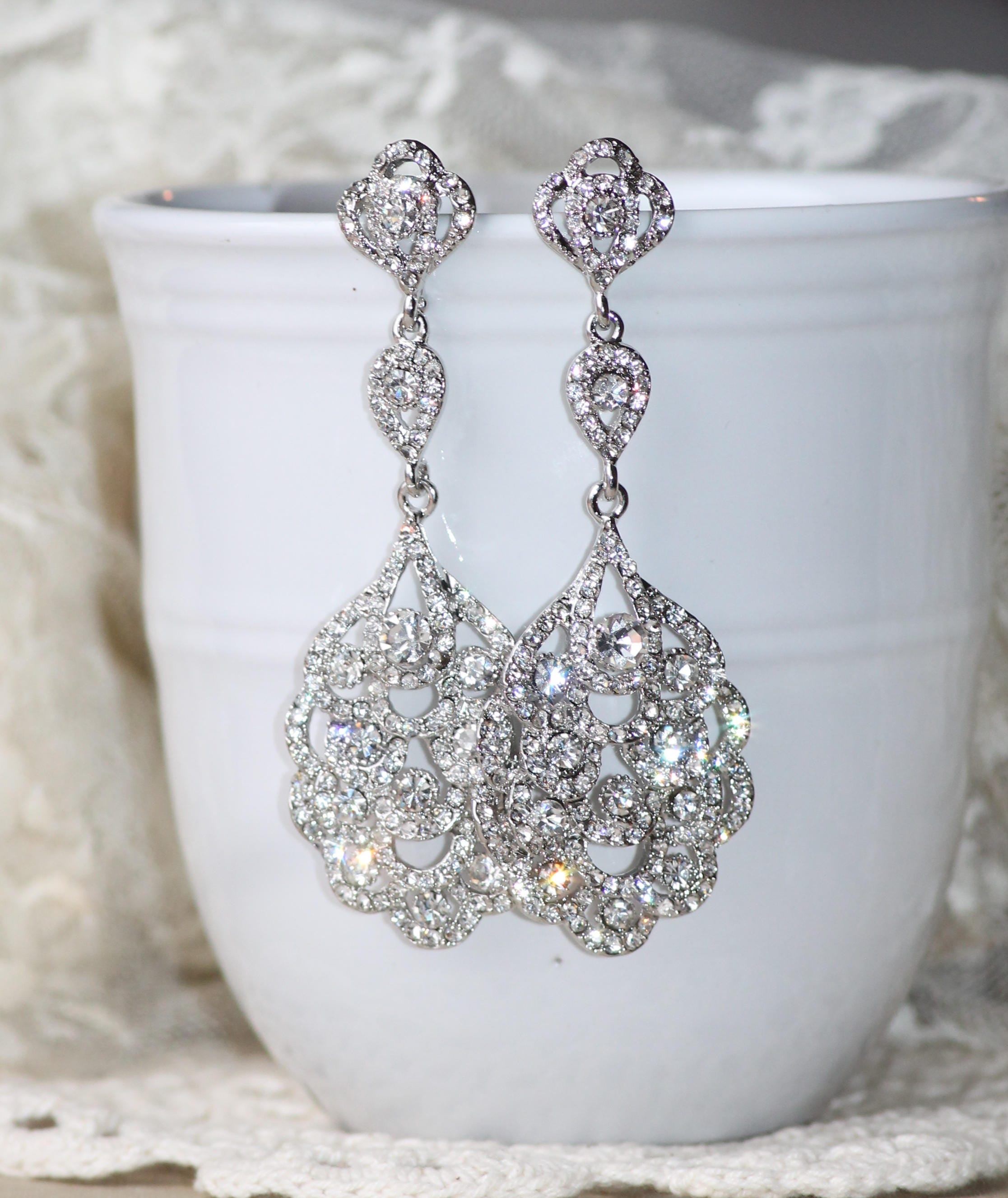 NEW Silver Long Crystal Chandelier Earring,silver Rhodium Crystal Clear Long  Rhinestone Drop,stud Post,bridal Wedding Earrings,dangle,large - Etsy