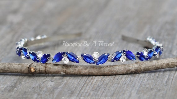 NEW Sapphire Royal Blue Crystal Embellished Headband,Marquise Flower Cluster,Rainbow,Silver Crystal Rhinestone Headband,Hair Accessory,Gift