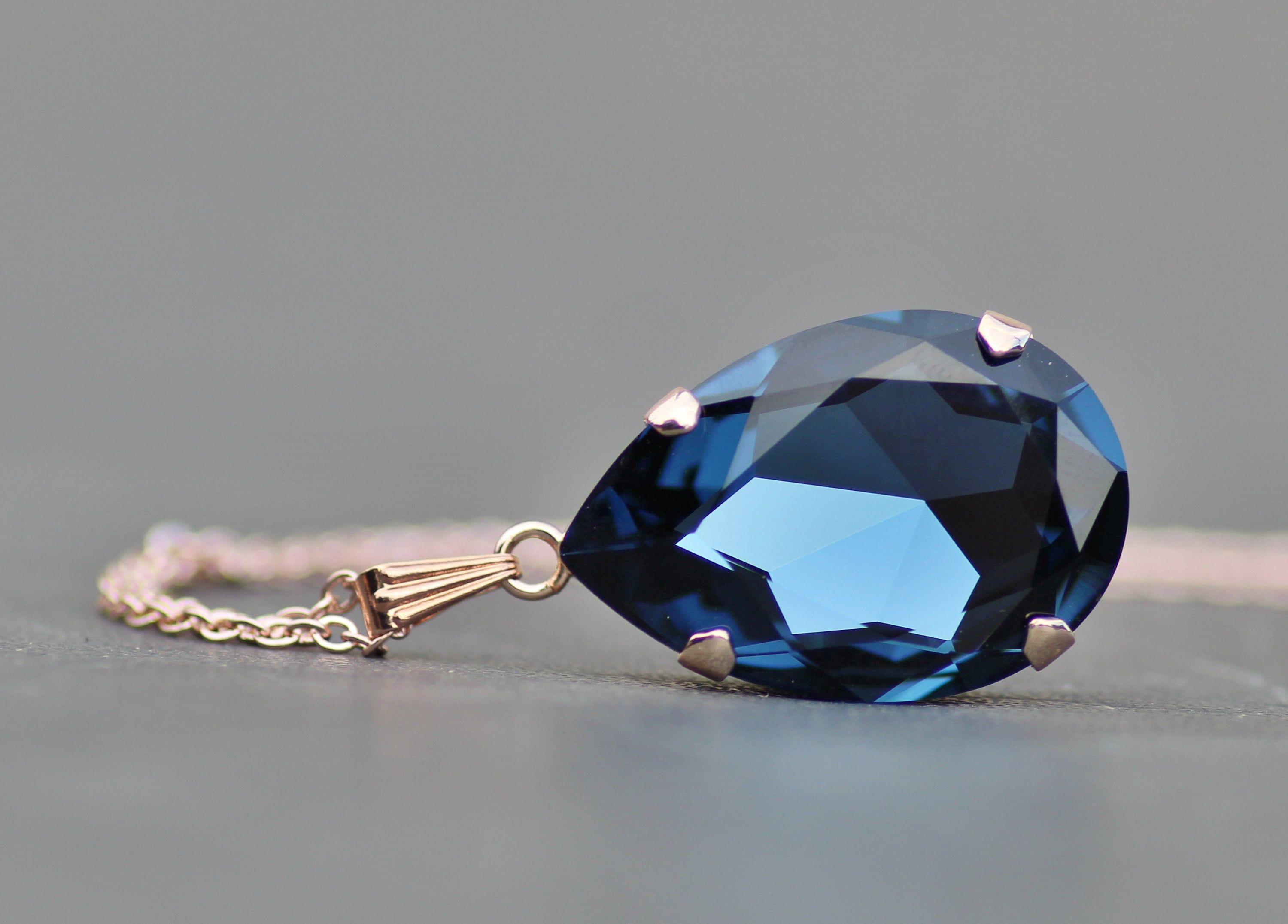 Large Sapphire Navy Blue Rhinestone Pendant Necklace,rose Gold Large ...