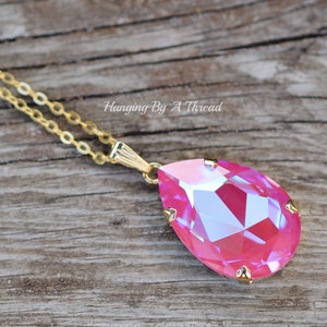 NEW COLOR Lotus Pink Large Pear Pendant,Swarovski Crystal Rhinestone Necklace,Long Layering Layer Necklace,Bright Pink,Gold,Gift,Statement image 7