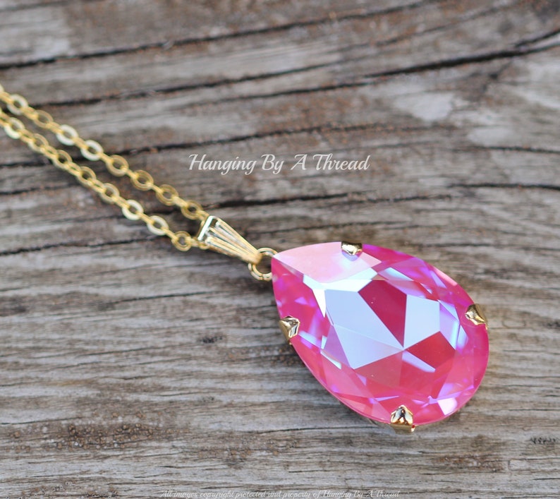 NEW COLOR Lotus Pink Large Pear Pendant,Swarovski Crystal Rhinestone Necklace,Long Layering Layer Necklace,Bright Pink,Gold,Gift,Statement image 7