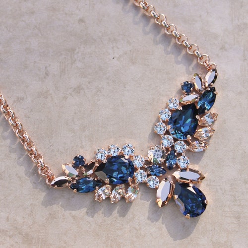 LAST 1! Montana Navy shops Blue ROSE GoLD Crystal Statement Necklace,Multi Stone Pendant,Layering,Swarovski Rhinestone,Cluster,Bridal,Wedding,Navy