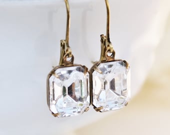 Vintage Crystal Clear Swarovski Rhinestone Earrings,Everyday Glamour,Emerald Cut Dangle,Bridal Earrings,Vintage Glass,Antique Brass