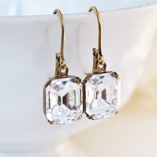 Vintage Crystal Clear Swarovski Rhinestone Earrings,Everyday Glamour,Emerald Cut Dangle,Bridal Earrings,Vintage Glass,Antique Brass