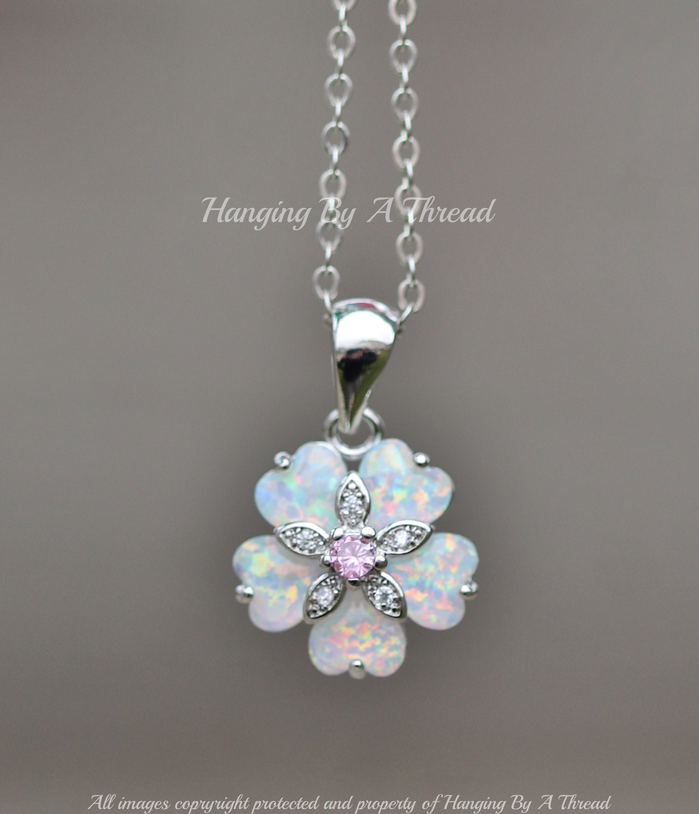 NEW White Opal Flower Pendant Necklace,silver White Rainbow Lab 