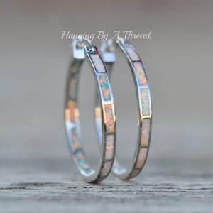 LARGE White Opal Silver Hoop Earrings,Lab Created Opal Endless Hoop,silver Big Hoop Earrings,Lab Created Opal,White Rainbow,Silver Hoop