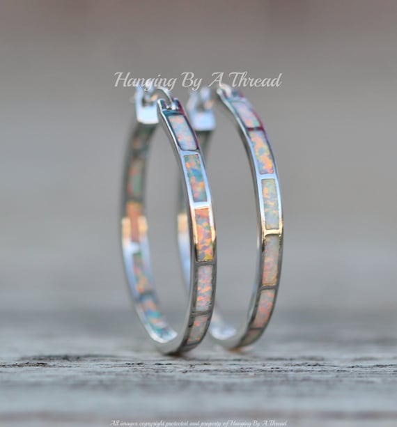 LARGE White Opal Silver Hoop Earrings lab Created Opal Endless