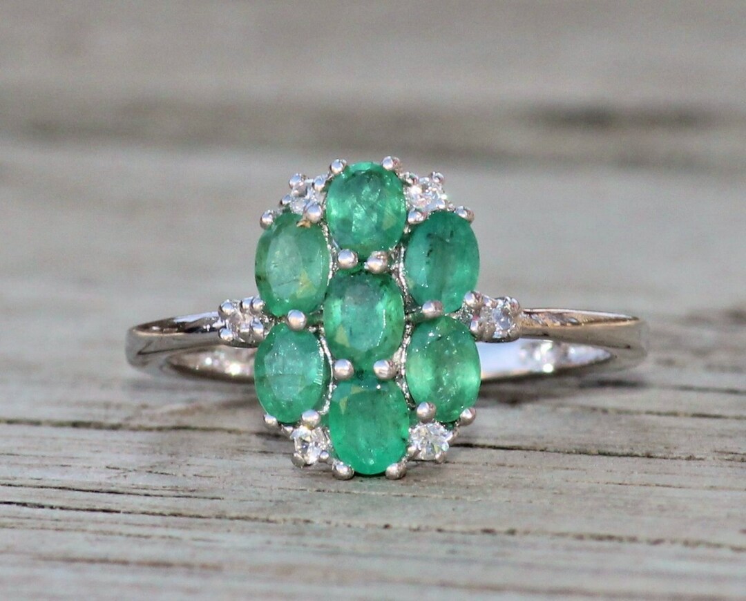 GENUINE Zambian Emerald White Zircon Ring,cluster Gemstone Ring ...