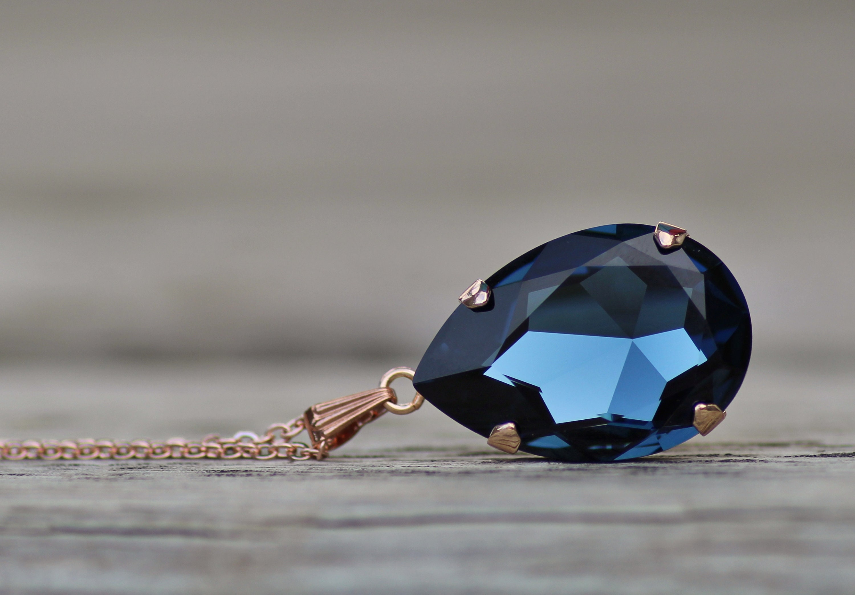Large Sapphire Navy Blue Rhinestone Pendant Necklace,rose Gold Large ...