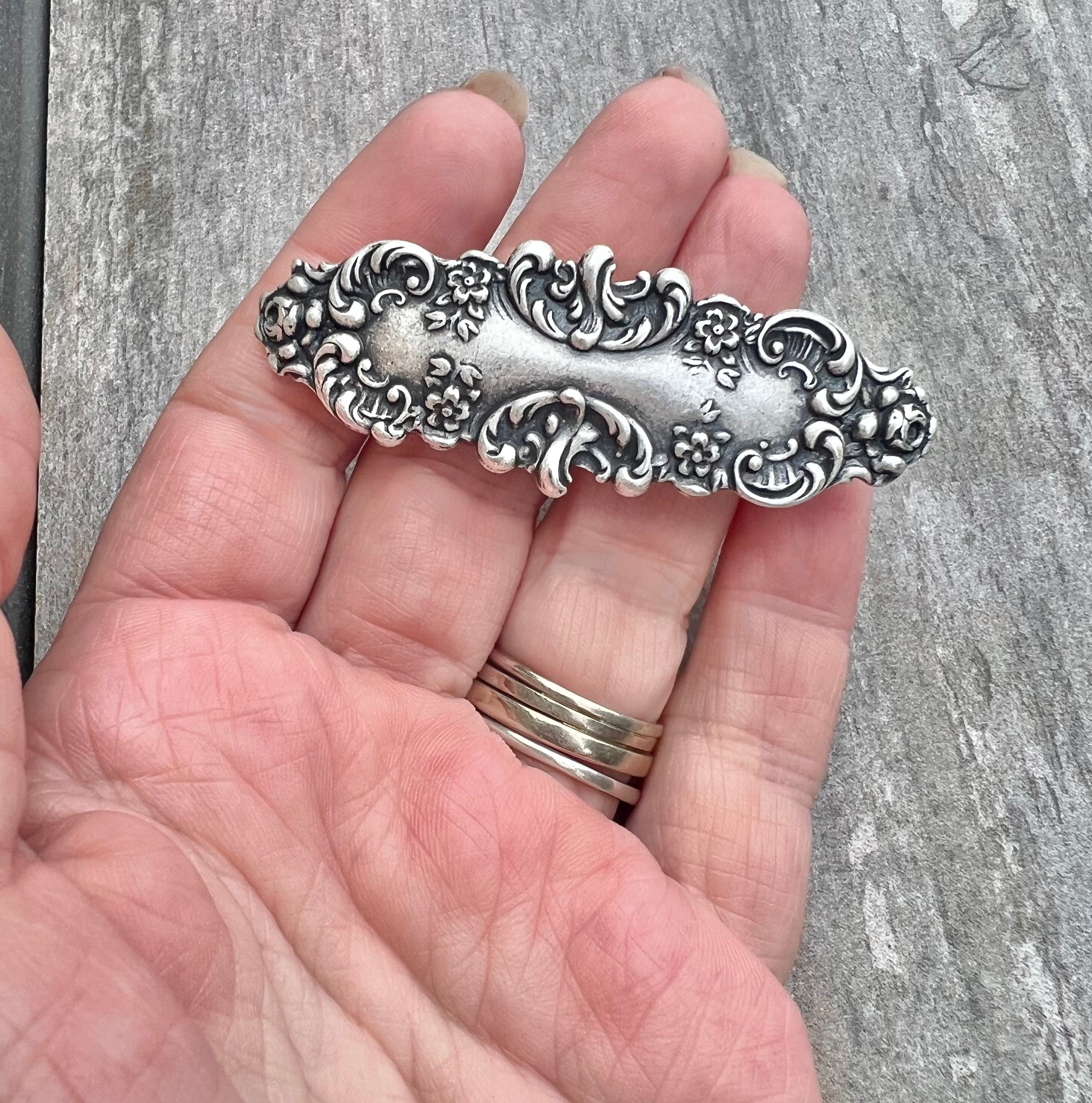 Victorian-Style Silver Tone Portrait Slide Barrette - Silver Vintage Flower Hair Barrette - Antique Style Hair Clip for  main image 2