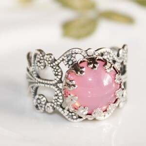 Vintage Pink Opal Ring,Pink Glass Opal,Adjustable Silver Filigree Ring,Antique,Victorian,Shabby Chic,Opal Jewelry,Birthstone,Keepsake image 5